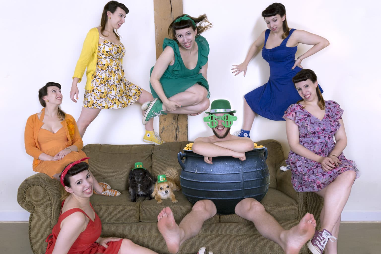 Lauren and Deven in a St. Patrick's Day couch scene.