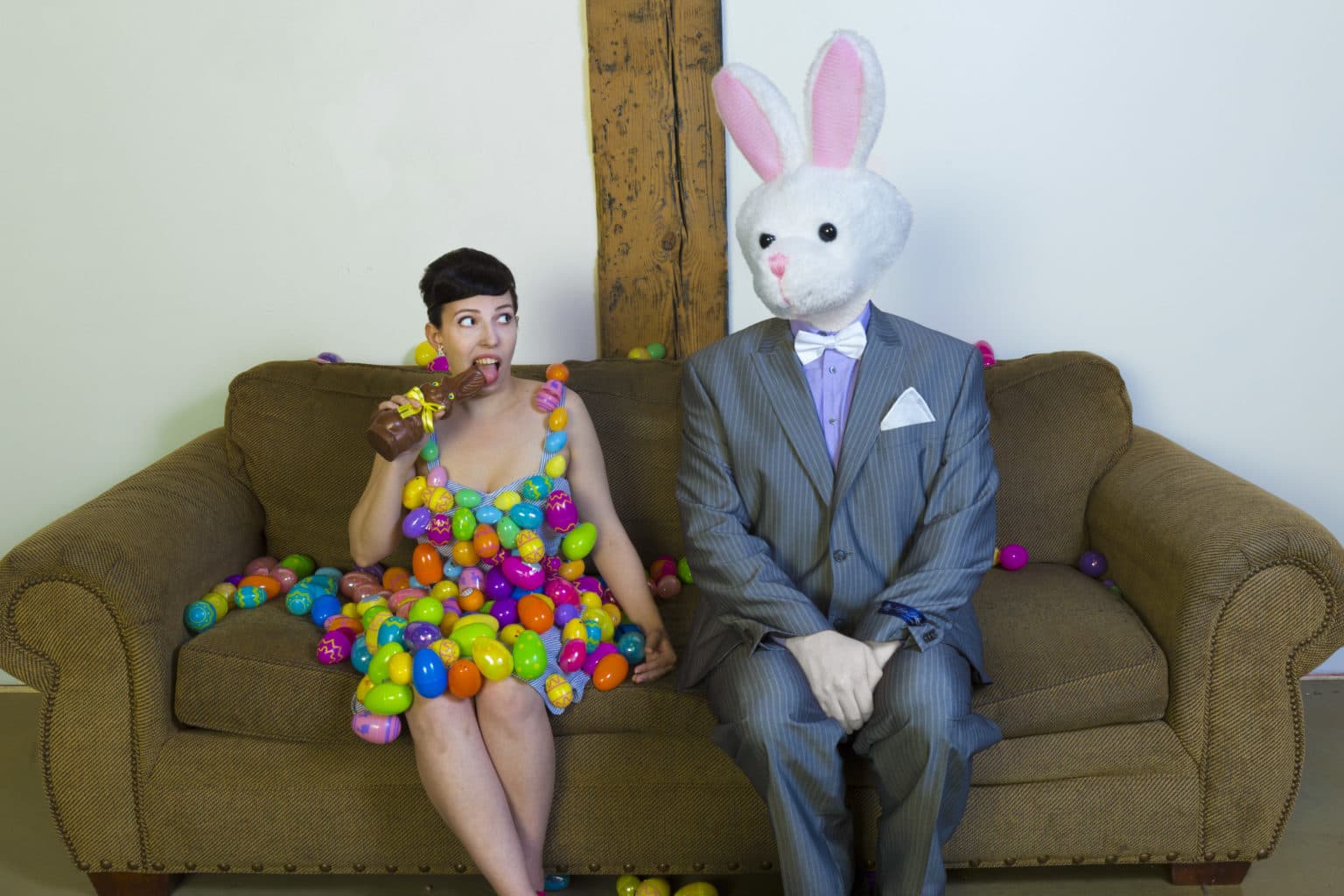 Lauren and Deven in a deliberately creepy Easter couch scene.