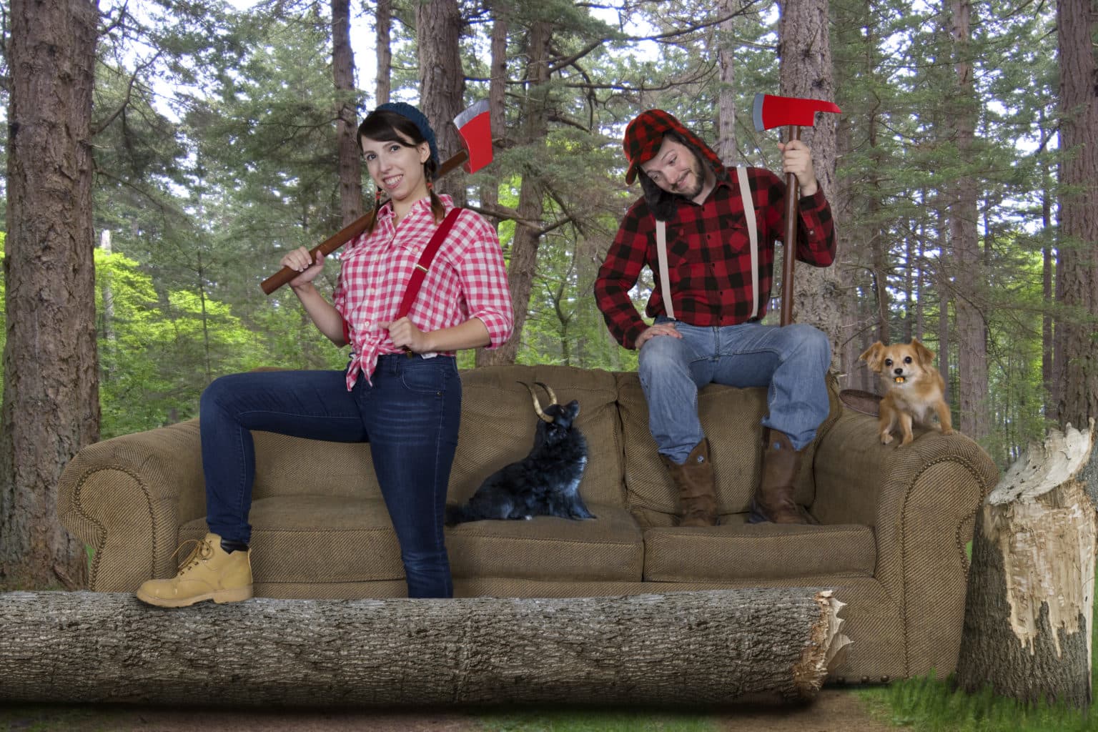 Lauren and Deven in a timber-themed couch scene.