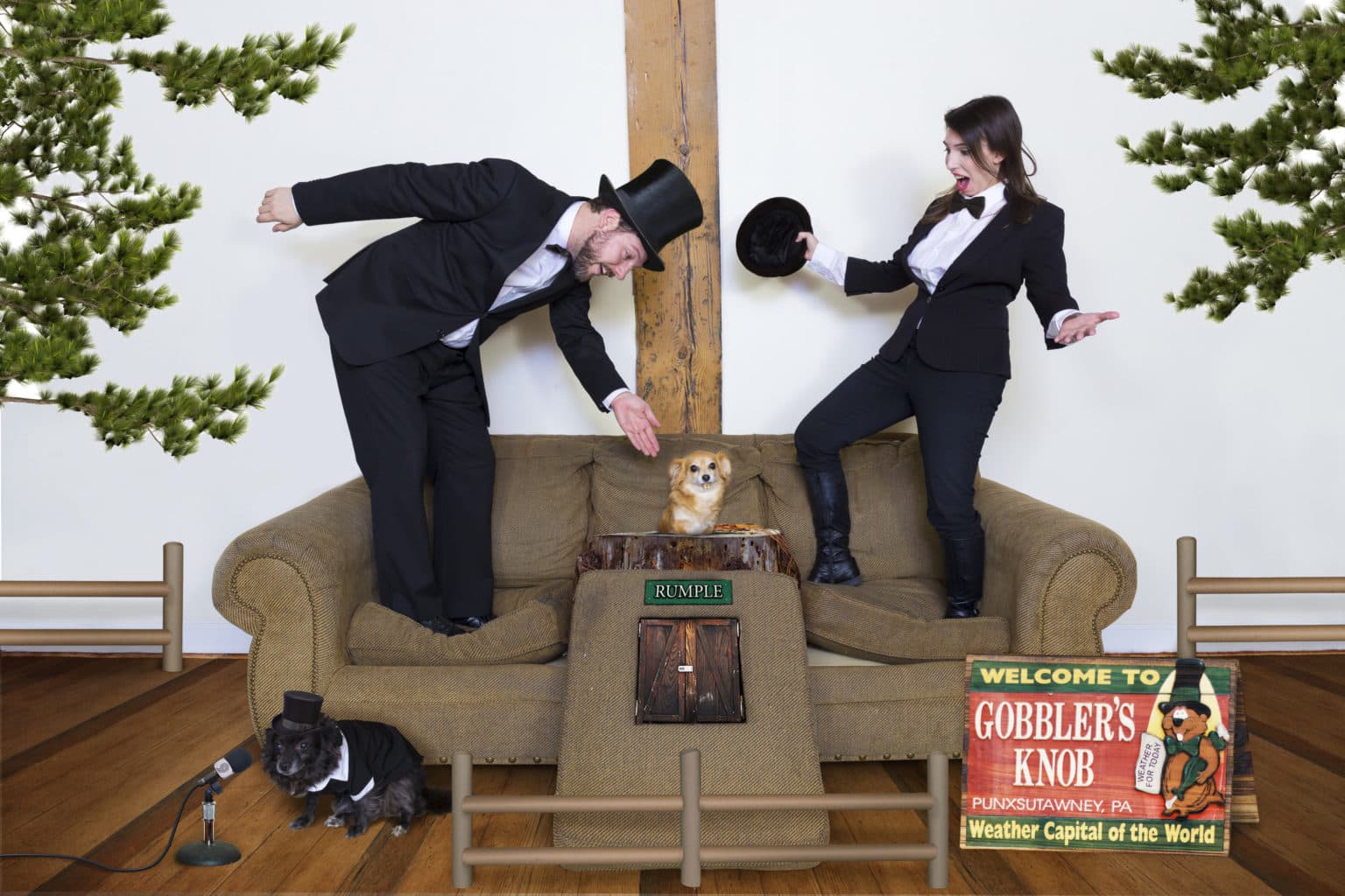 Lauren and Deven in a Groundhog Day-themed couch scene.
