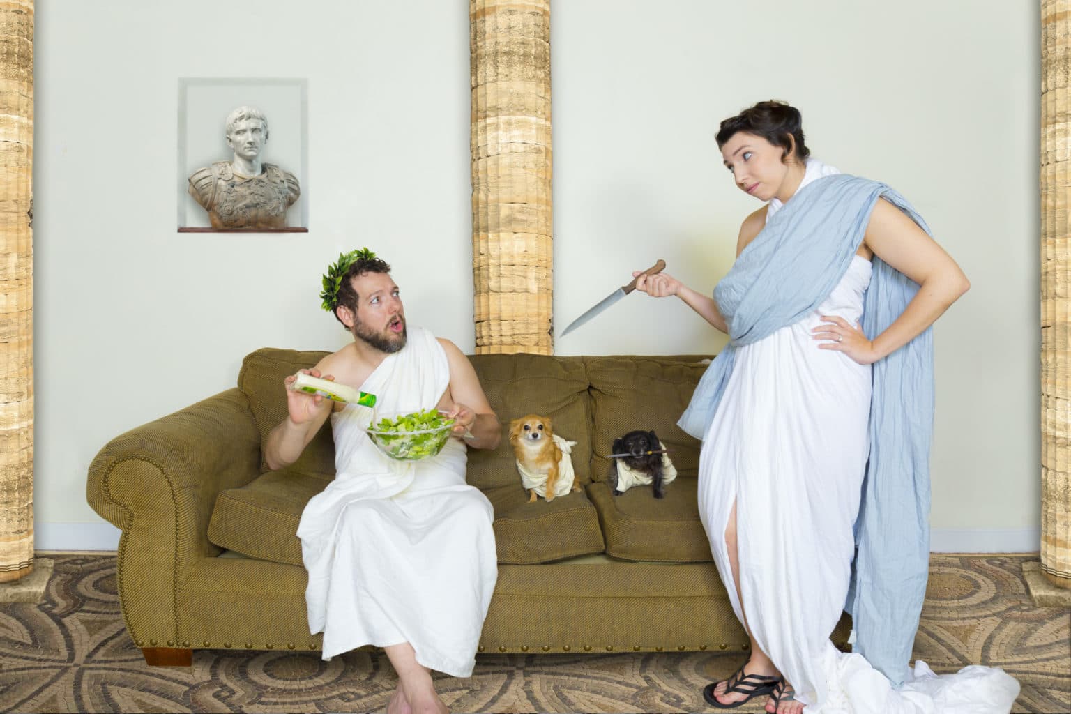 Lauren and Deven in an Ides of March scene centered on the couch.