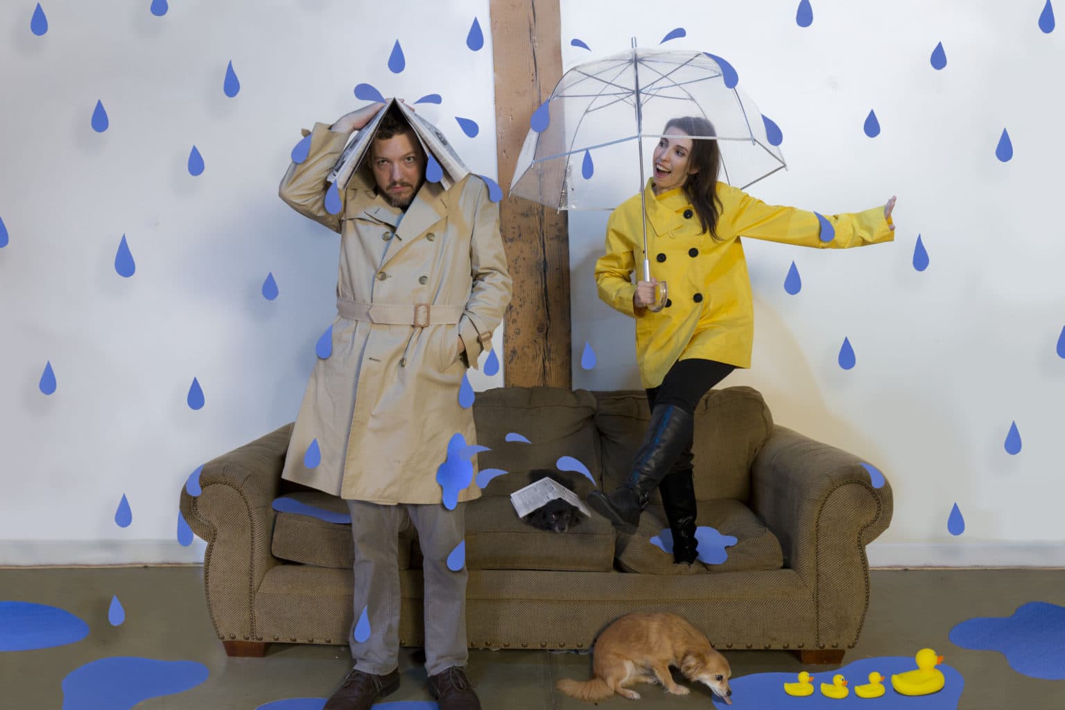 Lauren and Deven in an April showers couch scene.