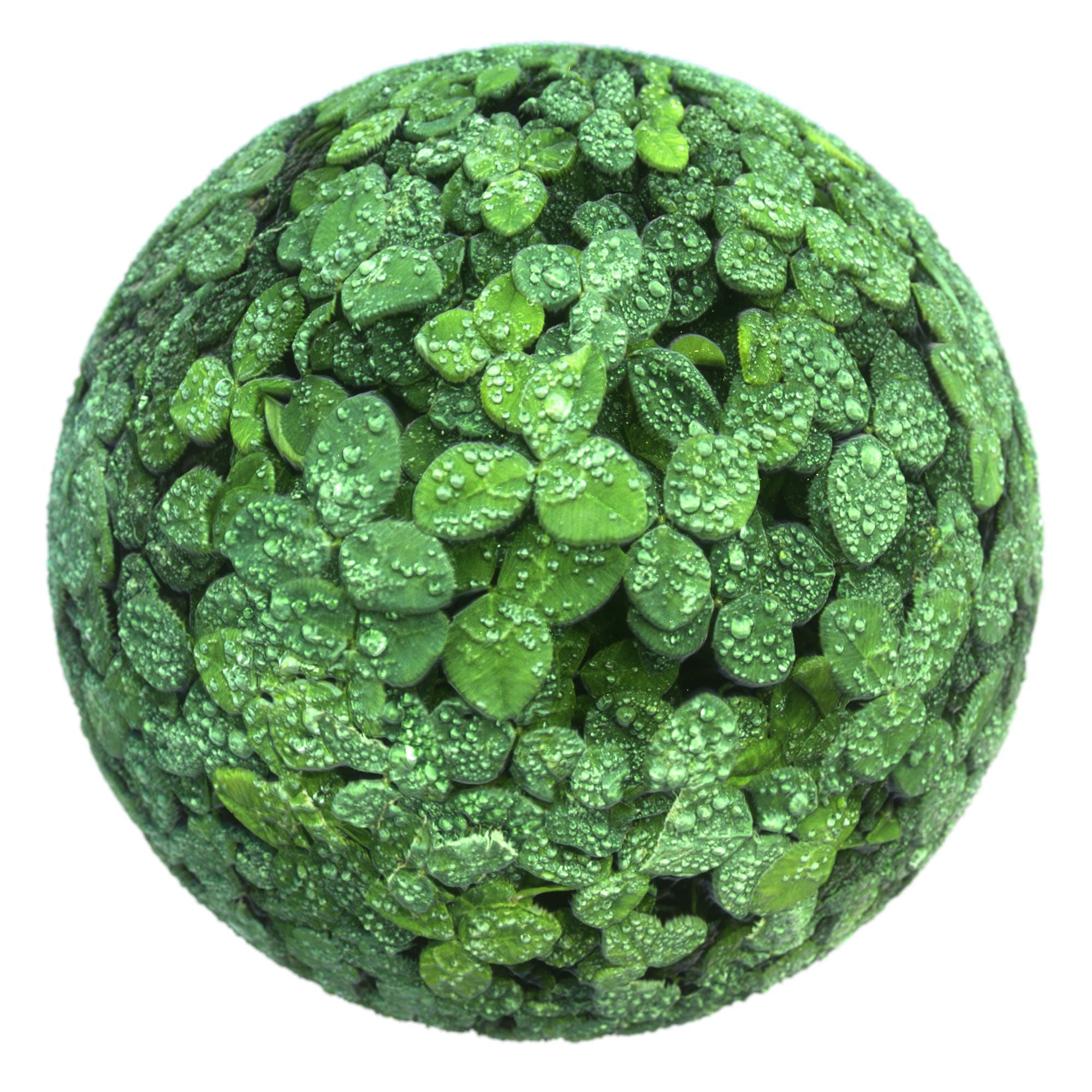 Clovers with Dew material applied to a rendered sphere.
