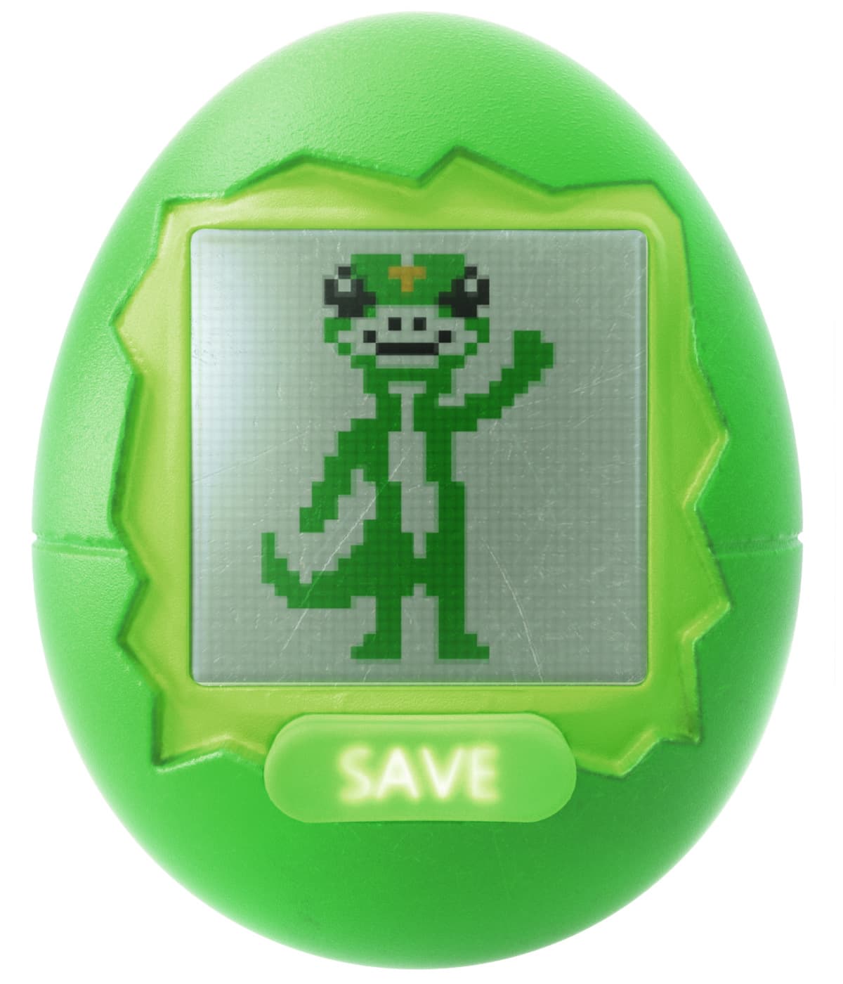 Green handheld virtual-pet device with a pixel-art gecko on its screen.