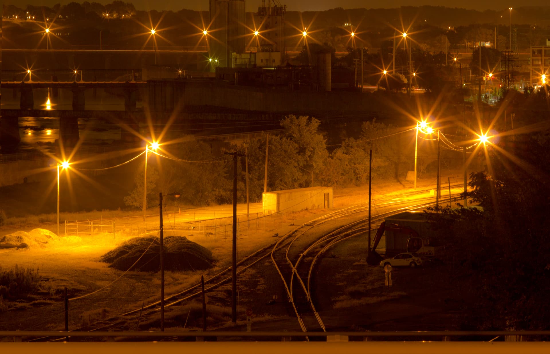 Railroad lights at night.