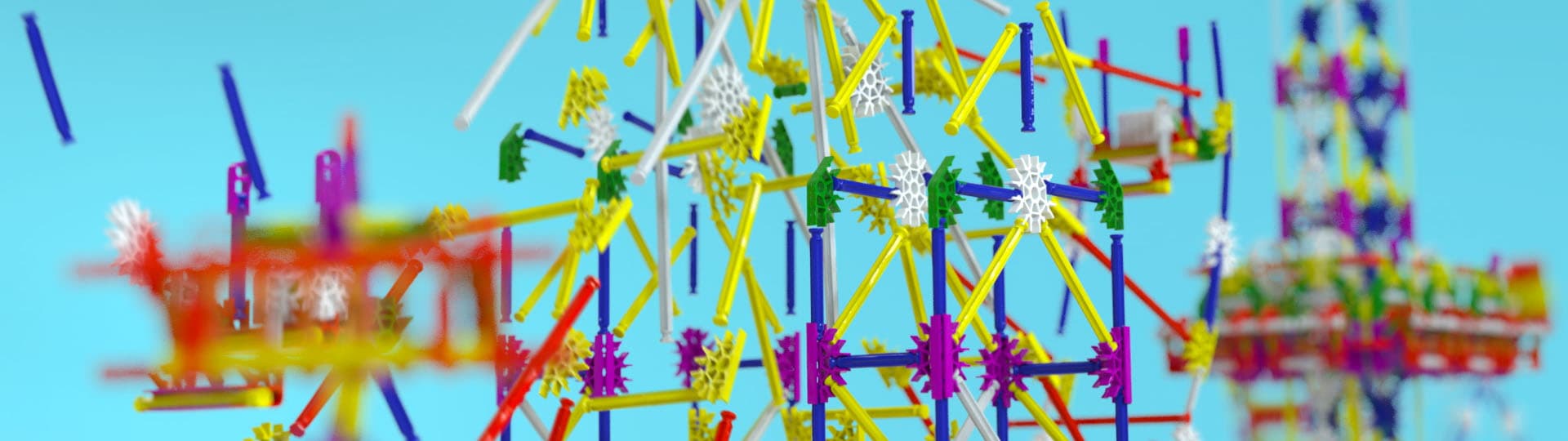A collection of colorful K'nex 3D model scenes.