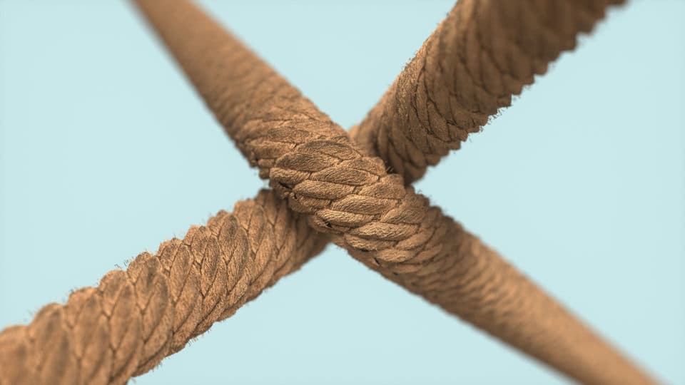 Rendered rope material applied to crossed cylindrical forms.