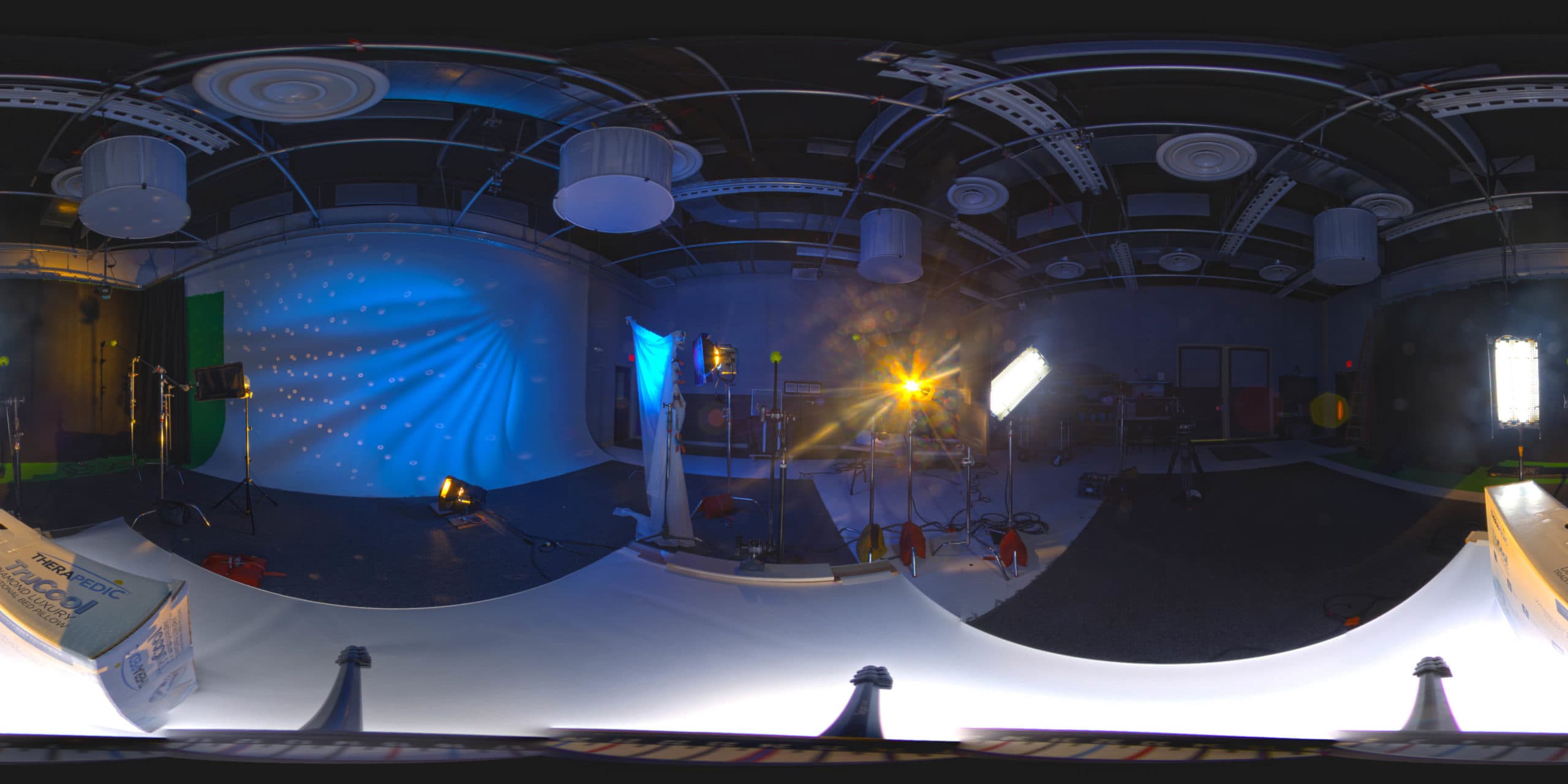 Unwrapped 360-degree panorama captured on set for Tru Cool Pillow lighting reference.