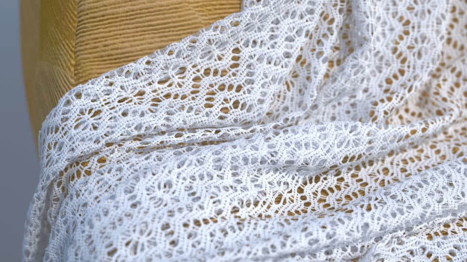 Close-up 3D render of thick knitted fabric with open holes between the stitches.